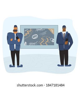 Security guard standing at the museum and protecting a picture. Two men wearing in a guards uniform saving a contemporary art painting. Vector flat illustration. 