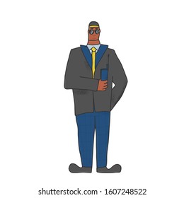 Security guard standing with radio transmitter. Man wearing in a watchman uniform and sun glasses isolated on white background. Vector illustration. 