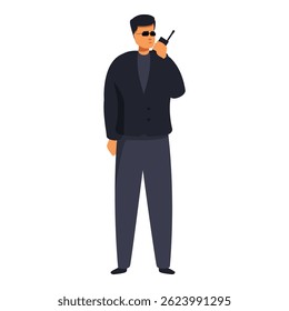 O segurança está de pé e usando um walkie talkie
