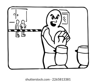 Security guard stopping with his hand two policemen wanting to enter across a security control fence. Black lines hand drawn cartoon style vector illustration.