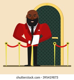 Security guard. Strong Athletic man in red, black clothes. Protection of property and  individual.