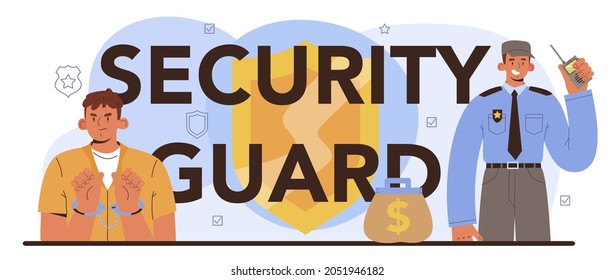 Security guard typographic header. Transportation of a criminal in an armored truck. Money collecting and protection. Escort of professional vonvoy. Vector isolated illustration