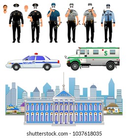 Security guard in uniform. Bank building on city skyline background. Vector illustration