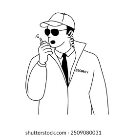 Guardia de seguridad usando ilustración dibujada a mano de walkie-talkie