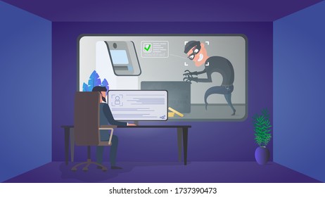 A security guard is watching a burglar in a security room. Identification of a thief. A thief steals a bank card near an ATM. Safety concept. Vector.