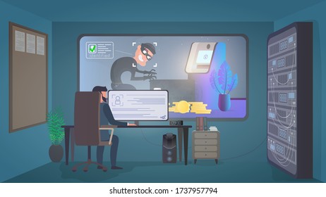 A security guard is watching a burglar in a security room. Identification of a thief. A thief steals a bank card near an ATM. Safety concept. Vector.