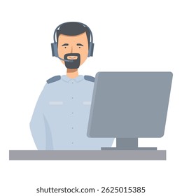 Protetor de segurança usando fone de ouvido sorrindo enquanto trabalha em sua mesa monitorando um computador