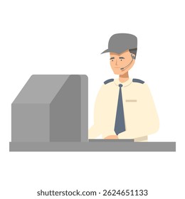 Guarda de segurança usando fone de ouvido trabalhando no computador no aeroporto
