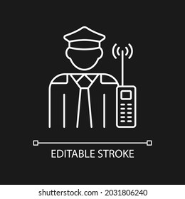 Security guard white linear icon for dark theme. Officer that supervises private, public property. Thin line customizable illustration. Isolated vector contour symbol for night mode. Editable stroke