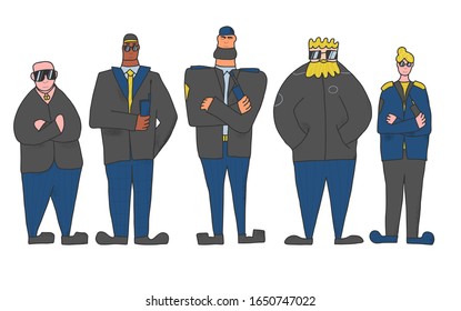 Security guards  group standing with arms crossed. Men and woman wearing in a guards uniform and sun glasses isolated on white background. Vector illustration. 