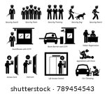 Security Guards Icons. Stick figures depict security guard, team, training, dog, patrolling, guardhouse, boom barrier gate, CCTV, visitor registration, car clamping, and security access card.