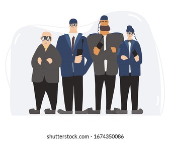 Security guards team standing with arms crossed. Men and woman wearing in a guards uniform and sun glasses isolated on white background. Vector illustration. 