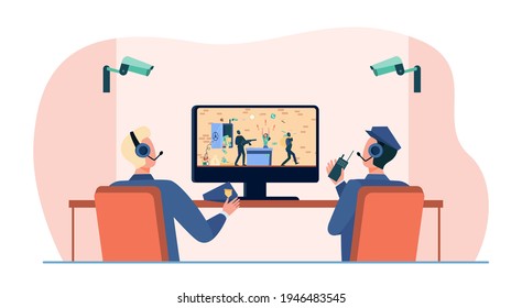 Security guards watching robbery on CCTV. Camera, thief, bank flat vector illustration. Crime and protection concept for banner, website design or landing web page