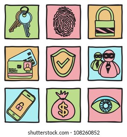 Security and hacker icons - hand drawn illustration