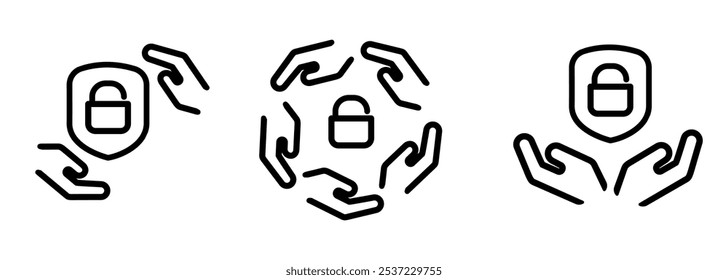 Security hand protect shield lock padlock icon set illustration line outline stroke symbol of digital encryption privacy service