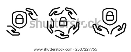 Security hand protect shield lock padlock icon set illustration line outline stroke symbol of digital encryption privacy service