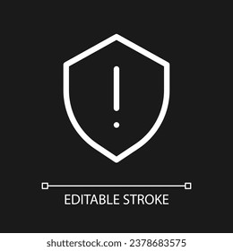 Peligro de peligro de seguridad icono ui lineal blanco perfecto para el tema oscuro. Notificación antimalware. Pictograma de la línea del vector. Símbolo de interfaz de usuario aislado para el modo nocturno. Trazo editable. Tipo de letra arial utilizado