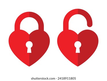 Fijación del icono del corazón de seguridad y desbloqueo con un orificio clave en color rojo diseño de concepto mínimo. Icono de corazón rosado de San Valentín con agujeros de cerradura.