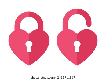 Bloqueo y desbloqueo de los iconos del corazón de seguridad con un agujero clave en color rosa diseño de concepto mínimo. Icono de corazón rosado de San Valentín con agujeros de cerradura.