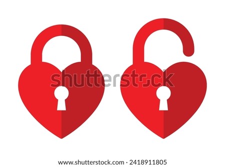 Security heart icon set lock and unlock with key hole in red color minimal concept design. Valentine's pink heart icon with keyhole.
