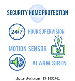 Security Home Protection Vector Banner Template. 24 to 7 Hour Supervision, Alarm Siren and Motion Sensor Linear Cliparts. Property Safeguarding. Safety Service Banner, Guarding Concept with Line Icons