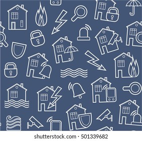 Security of housing and office buildings, background, seamless, gray-blue. Vector background with white contour drawings on a dark blue field. Protection of residential and office space. 