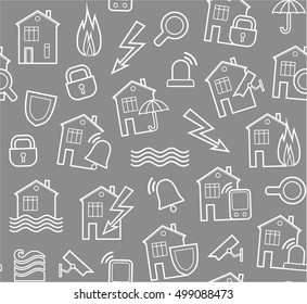 Security of housing and office buildings, seamless background , gray. Vector background with white contour drawings on the grey box.  Protection of residential and office space. 