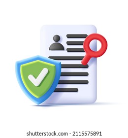 Security icon with 3d composition of profile page with shield and magnifying glass, isolated