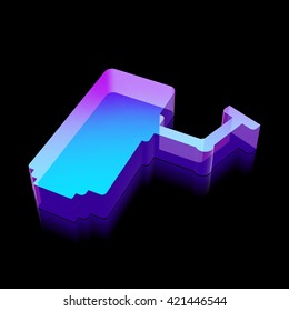 Security icon: 3d neon glowing Cctv Camera made of glass with reflection on Black background, EPS 10 vector illustration.