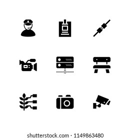 security icon. 9 security set with cctv, security system, policeman and seat vector icons for web and mobile app