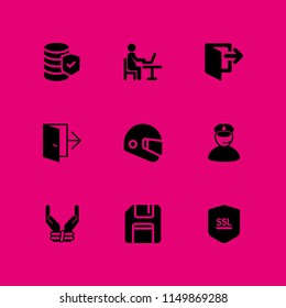 security icon. 9 security set with policeman, save, prisoner and code vector icons for web and mobile app