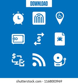 security icon. 9 security vector set. rss, transaction, disabled pin and alarm icons for web and design about security theme