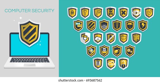 Security icon or badges set and laptop. Concept of virus, piracy, hacking and security. Flat vector illustration.