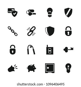 Security icon. collection of 16 security filled icons such as card protection, chain, intercom, siren, chain weapon, shield. editable security icons for web and mobile.
