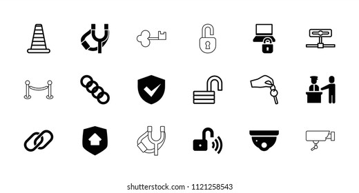 Security icon. collection of 18 security filled and outline icons such as chain, cone barrier, opened lock, camera, hand with key. editable security icons for web and mobile.