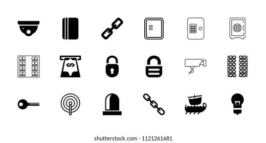 Security icon. collection of 18 security filled and outline icons such as chain, key, siren, water military, plane seats, atm. editable security icons for web and mobile.