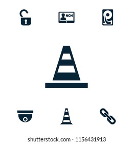 Security icon. collection of 7 security filled icons such as badge, cone barrier, opened lock, chain, hard disc. editable security icons for web and mobile.