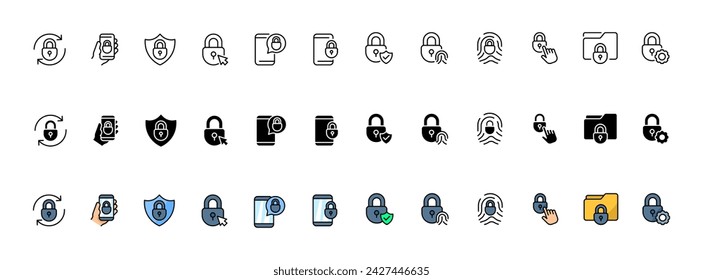 Security icon collection. Lock set. Linear, silhouette and flat style. Vector icons