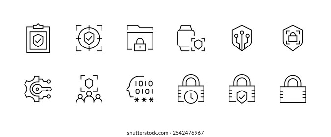 Icono de seguridad colección. Conjunto de iconos de privacidad. Escudo, protección, acceso de usuario, control de acceso, código de acceso, protección de información y más. Trazo editable. Pixel perfecto. Base de rejilla 32px.