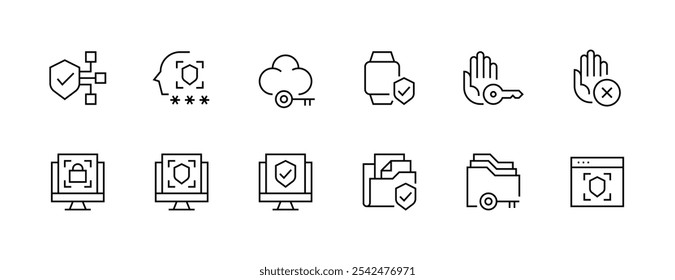 Security icon collection. Privacy icon set. Shield, protection, user access, access control, passcode, information protection and more. Editable stroke. Pixel Perfect. Grid base 32px.