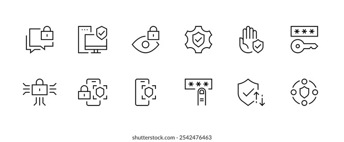 Coleção de ícones de segurança. Ícone de proteção definido. Escudo, privacidade, senha, acesso do usuário, controle de acesso, segurança cibernética e muito mais. Traçado editável. Pixel perfeito. Grade de 32px.