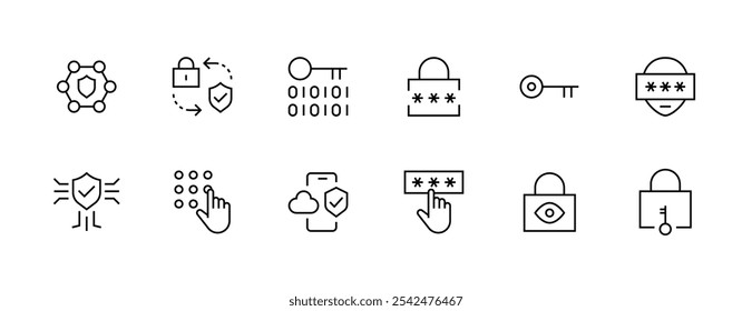 Sammlung von Sicherheitssymbolen Schutzsymbol-Set. Schild, Datenschutz, Passwort, Benutzerzugriff, Zugangskontrolle, Cybersicherheit und mehr. Bearbeitbarer Strich. Pixel perfekt. Gitterbasis 32px.