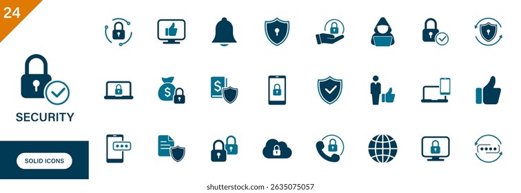 Sicherheitssymbol. Enthaltend Cyber-Sicherheit, Schild, 2-Schritt-Authentifizierung, Schloss, Passwort, Sicherung. Vollständige Vektorsymbol-Gruppe.