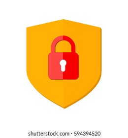 Security icon. Data protect. Safety sign. Shield, lock, padlock isolated on white. Vector flat illustration. Design for web site, mobile app, UI. Colored yellow, red