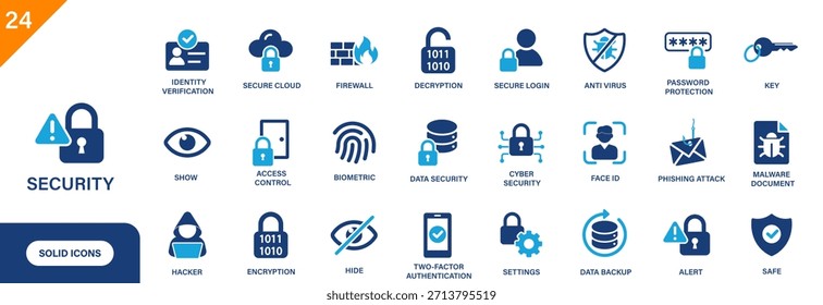 Security icon. Includes firewall, antivirus, biometric, access control,  malware document. Solid vector icon set.