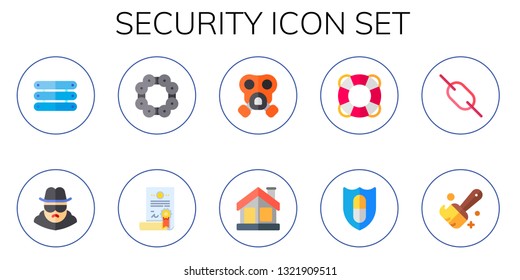 Security Icon Set. 10 Flat Security Icons.  Collection Of - Server, Spy, Chain, Certificate, Gas Mask, House, Lifesaver, Shield, Link, Clean Code