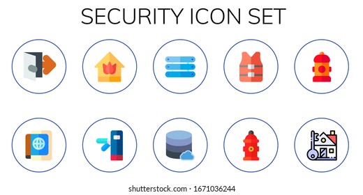 security icon set. 10 flat security icons.  Simple modern icons such as: exit, passport, house, turnstiles, server, database, life vest, hydrant, fire hydrant, key