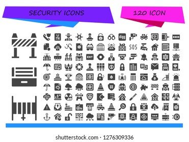  security icon set. 120 filled security icons. Simple modern icons about  - Barrier, Hose, Ultraviolet, Insurance, Certificate, Detective, Vpn, Stamp, Lock, Handcuffs, Digg, Cctv