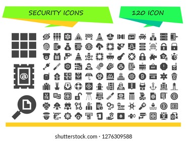  security icon set. 120 filled security icons. Simple modern icons about  - Keypad, File, Stamp, Eye scan, Seat, Hidden camera, Warning, Barrier, Cone, Police, Seat belt, Key