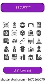 security icon set. 25 filled security icons. Included Fingerprint, Prisioner, Lifesaver, Stari most, Ssl, Hidden camera, Eye scan, Shield, Server, Damage, Hyperlink, Hose icons